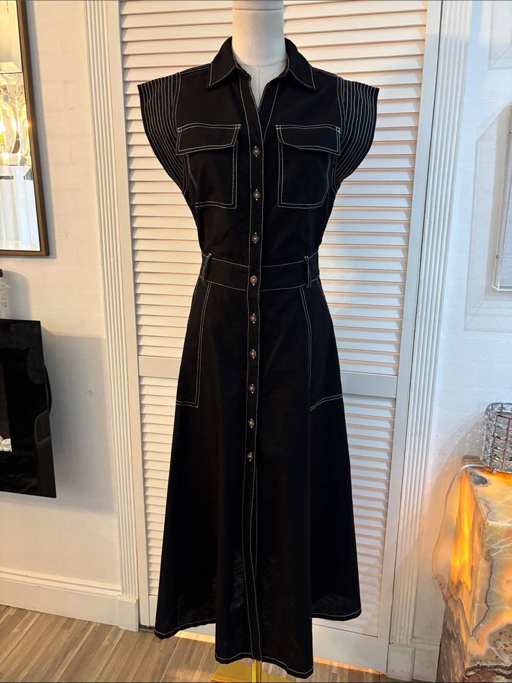 Strut & Bolt Black Button-Front Maxi Dress with Contrast Stitching, S